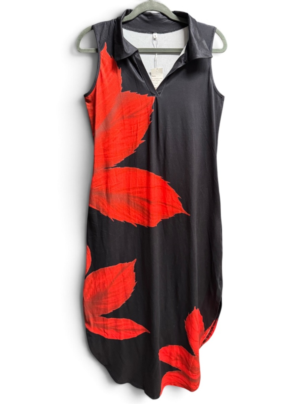 WNEEDU NWT Black Red Leaf Print Sleeveless V Neck Midi Dress S